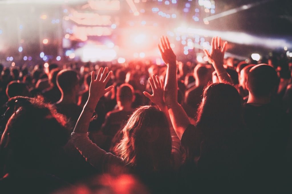 Back view of a crowded audience on a music festival with their arms raised.